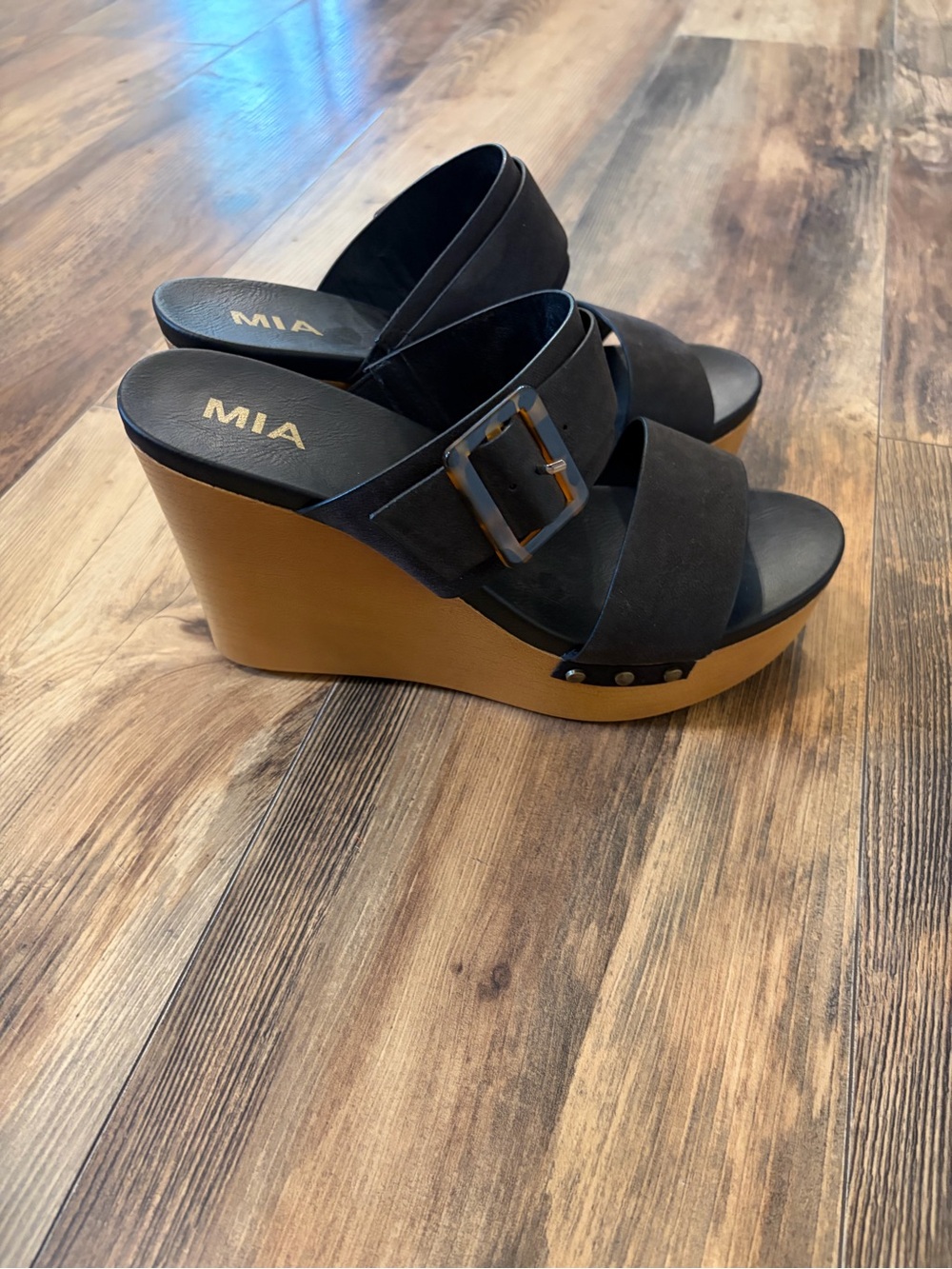 MIA Black Suede Crisscross Wedge Sandals with Tan Wedge